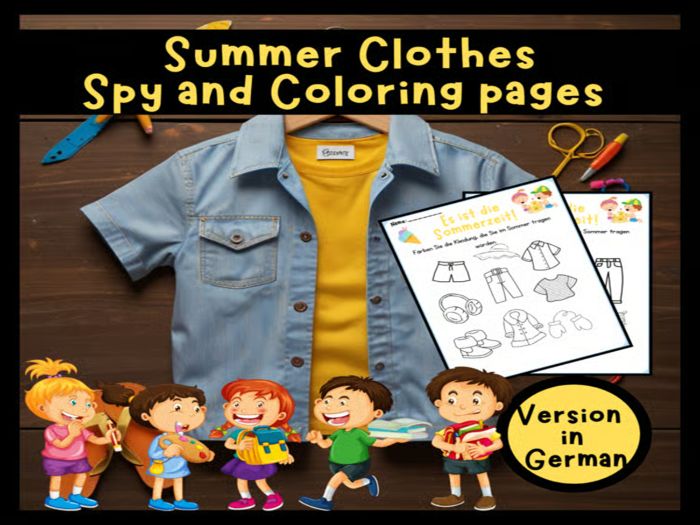 Preschool Summer Clothes: Spy and Coloring pages in German