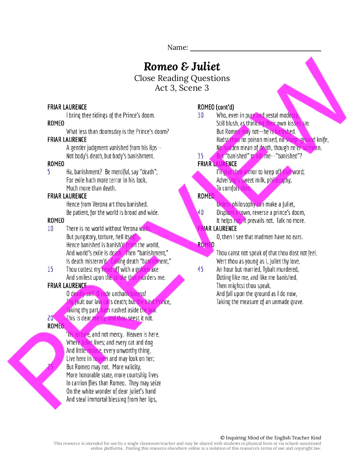 Romeo And Juliet Act 3 Scene 3 Close Reading Worksheet Teaching Resources