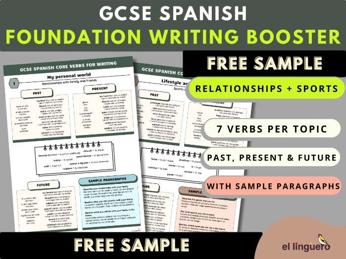 GCSE Spanish FOUNDATION Writing BOOSTER - 7 Core Verbs per Topic - FREE SAMPLE