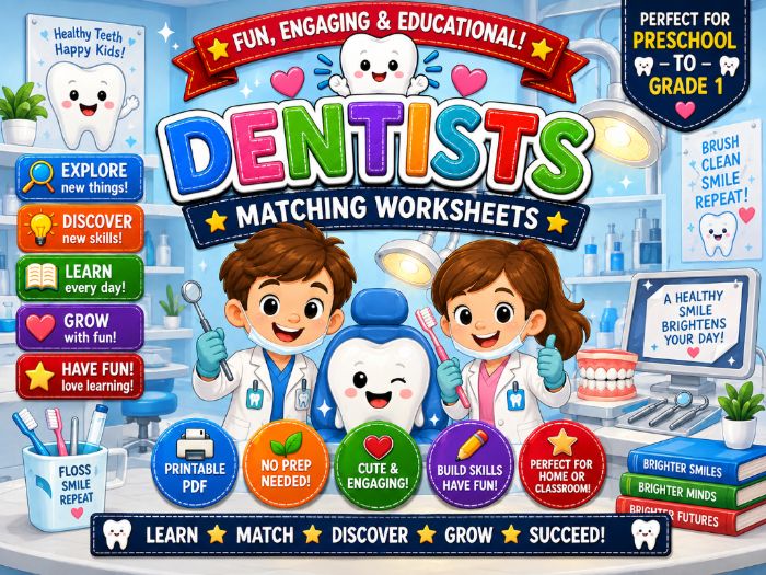 Dentist Matching Worksheets | Dental Health Activities for Preschool Kindergarten Grade 1
