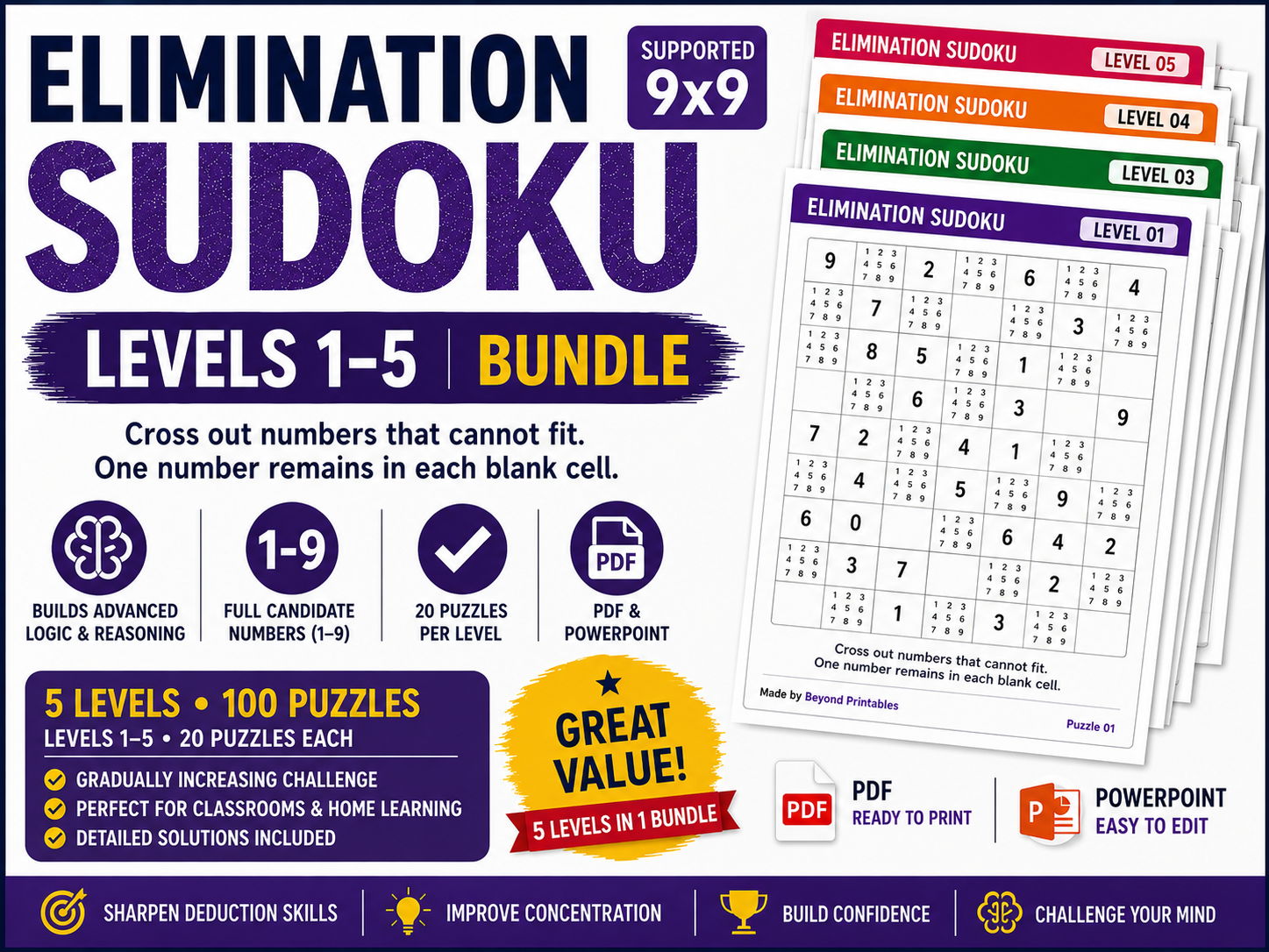 Elimination Sudoku Levels 1–5 Bundle | 50 Versions | 1,000 Logic Puzzles