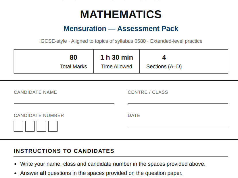 Style Math Resource IGCSE-Style Mathematics – Mensuration Assessment Pack | Full Mark ...