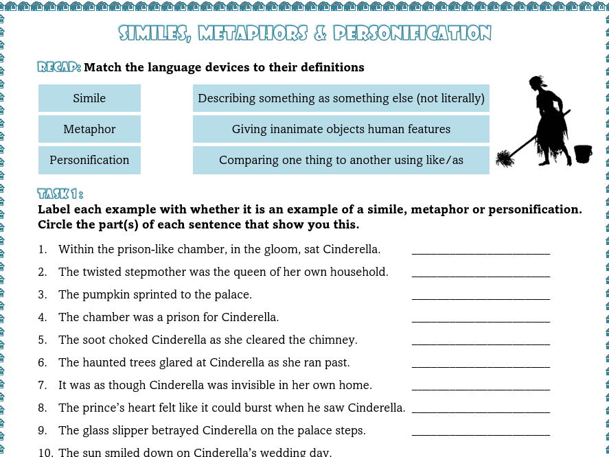 Super SPAG - English - Similes, Metaphors and Personification - Cinderella Worksheet