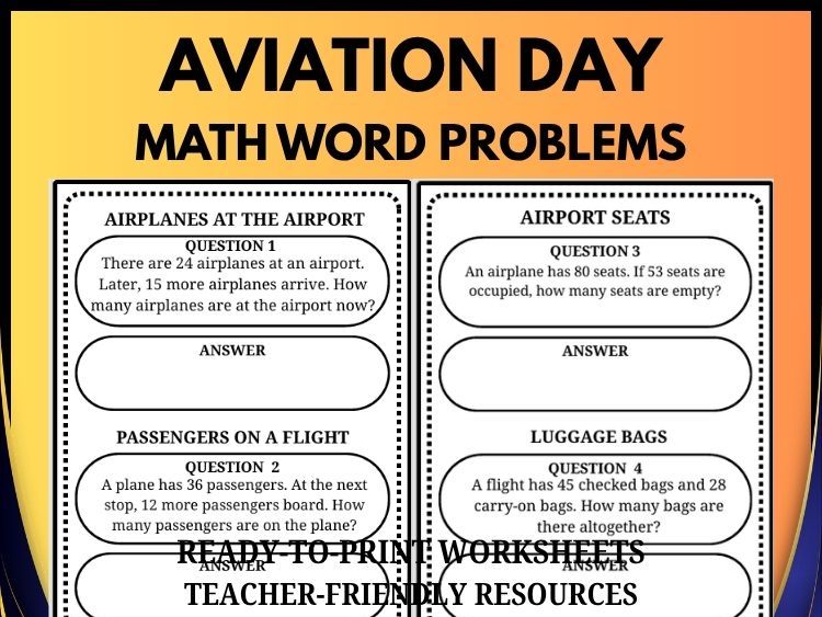 National Aviation Day Math Word Problems | Grades 2–8 | 40 Questions and Answers