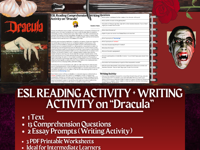 ESL Reading Comprehension + Writing Activity Worksheets on Dracula - Vampires