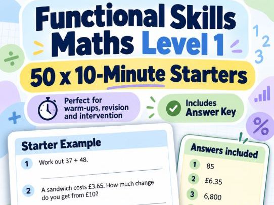 Functional Skills Maths Level 1 – 50 x 10-Minute Starters + Answer Key