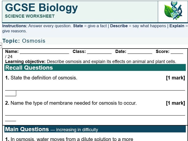 AQA GCSE Biology Osmosis Worksheet with Answers | Cell Transport Revision
