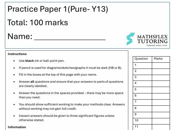 A-level Pure Practice Paper and Mark Scheme