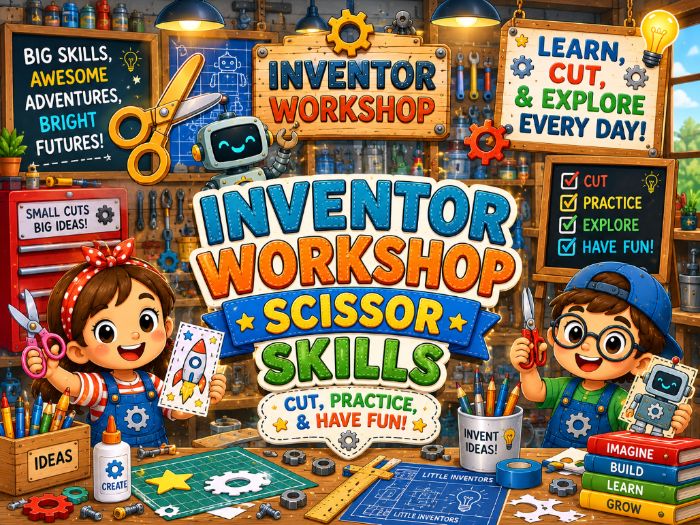 Inventor Workshop Scissor Skills Worksheets | Cutting & Fine Motor Practice | Preschool–1st Grade