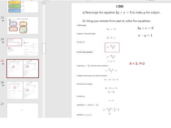 Solve a pair of linear simultaneous equations by substituting an expression