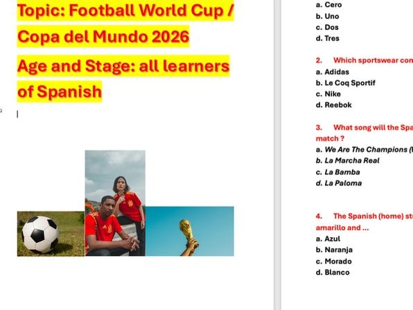 Spanish, World Cup, Copa del Mundo 2026, quiz, for all learners of Spanish, 36 questions.