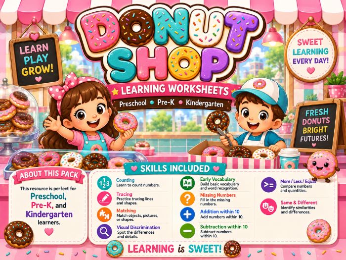 Donut Shop Worksheets for Preschool & Kindergarten | Math, Tracing & Matching Activities