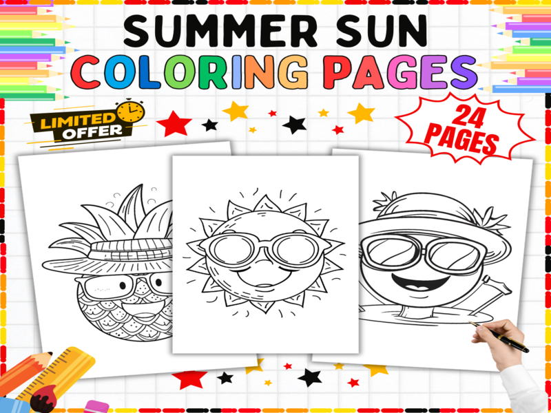 Summer Sun Colouring Pages | 24 Seasonal Worksheets | Holiday Art Activities & Fun Printables