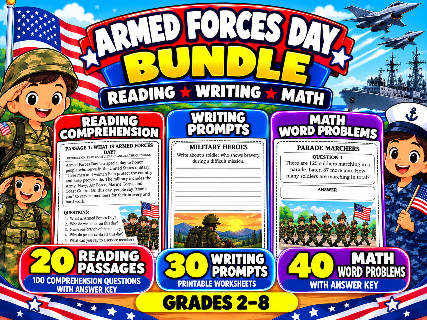 Armed Forces Day Bundle | Reading Comprehension, Writing Prompts and Math