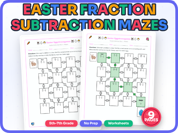 Easter Fraction Subtraction Maze Worksheets with unlike denominators