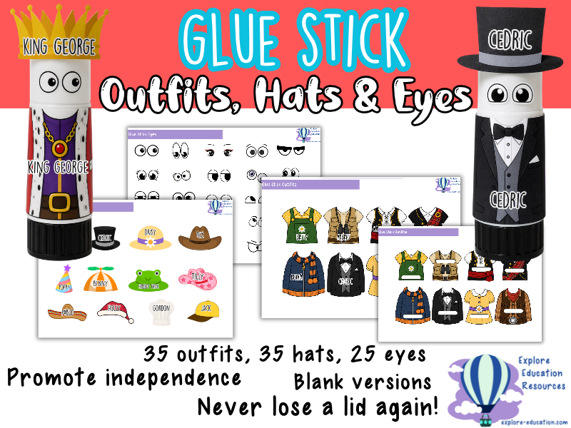 Glue Stick Characters | 35 Hats, 35 Outfits & 25 Eye Templates | Blank Versions