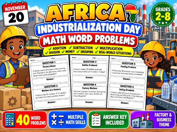 Africa Industrialization Day Math Word Problems | 40 Questions & Answer Key