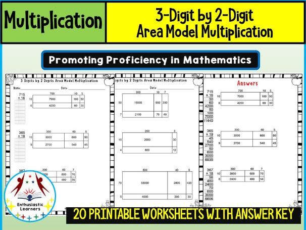 3-Digit by 2-Digit Area Model Multiplication Worksheets Math Problems
