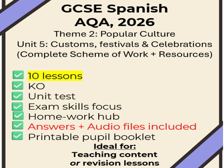 GCSE Spanish: Customs, festivals & celebrations -10 lessons/full SOW + extras (New Spec AQA, 2026)