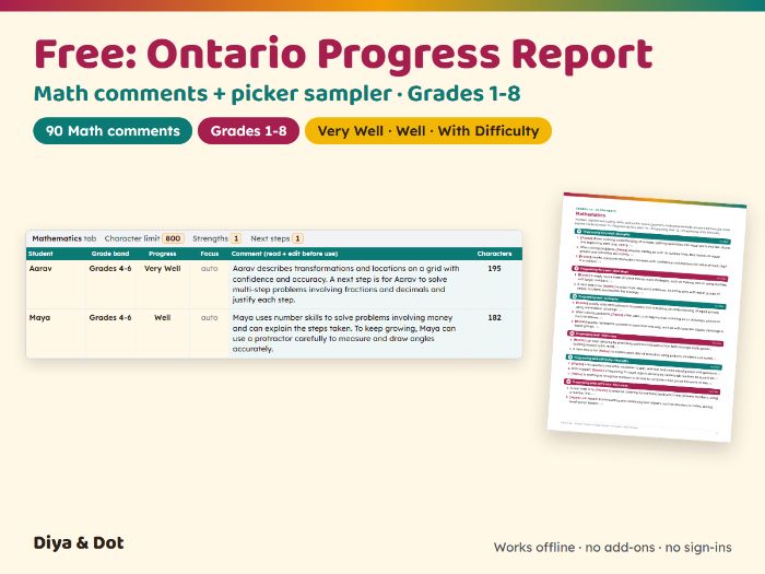 Free Ontario Math Report Comments Gr 1-8