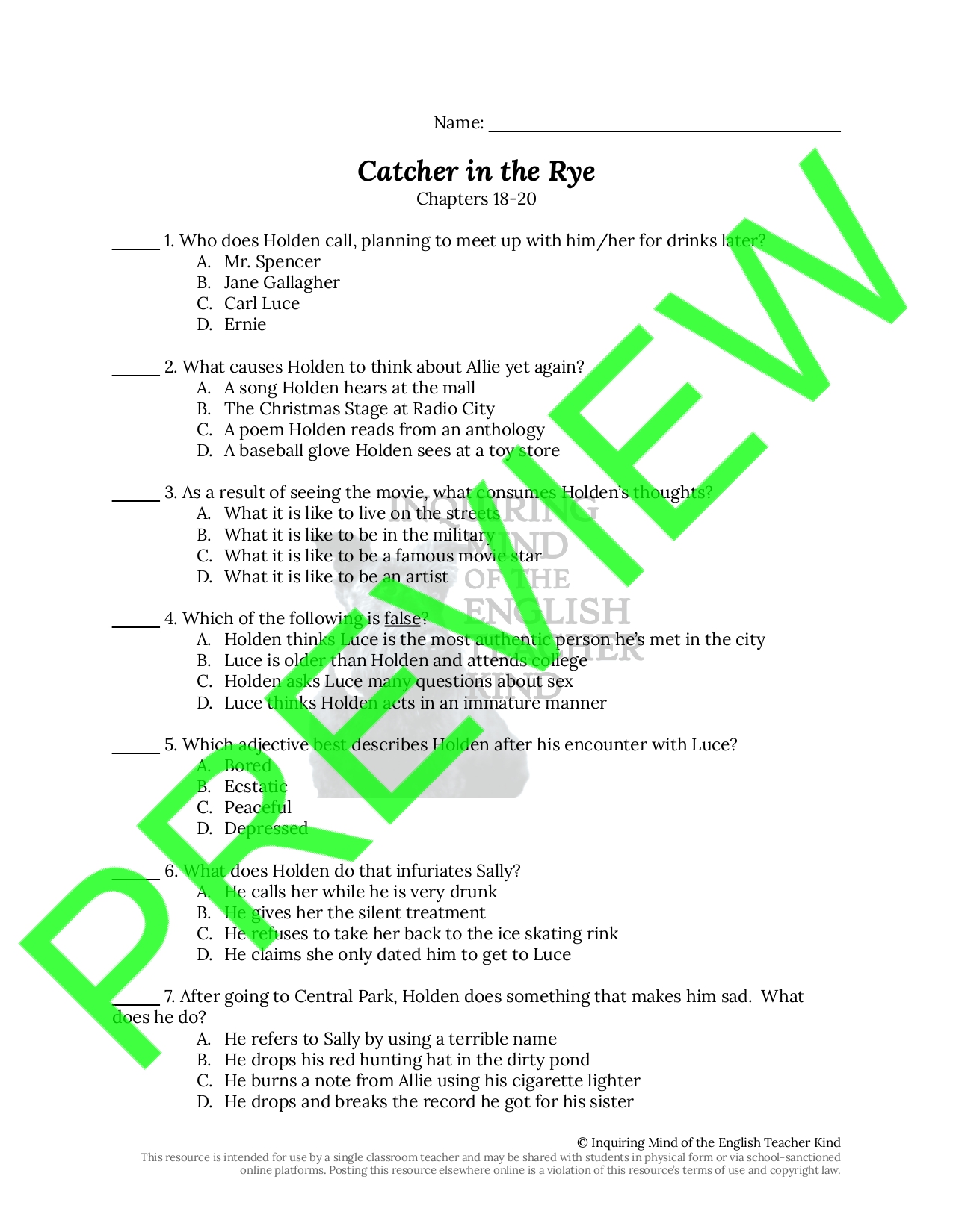 Catcher in the Rye Chapters 1820 Quiz and Answer Key Teaching Resources