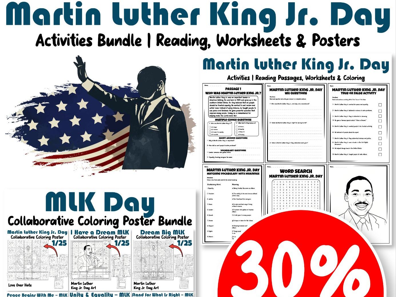Martin Luther King Jr. Day Activities Bundle | Reading, Worksheets & Posters