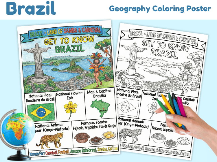 Brazil Geography Coloring Poster | Country Facts & Landmarks