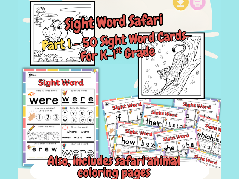 Sight Word Safari-Part 1-For Grades K-1st Grade (50 Sight Word Cards)