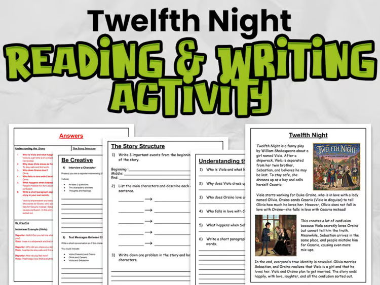 Twelfth Night Reading Comprehension & Writing Activity | Shakespeare | Years 4–6