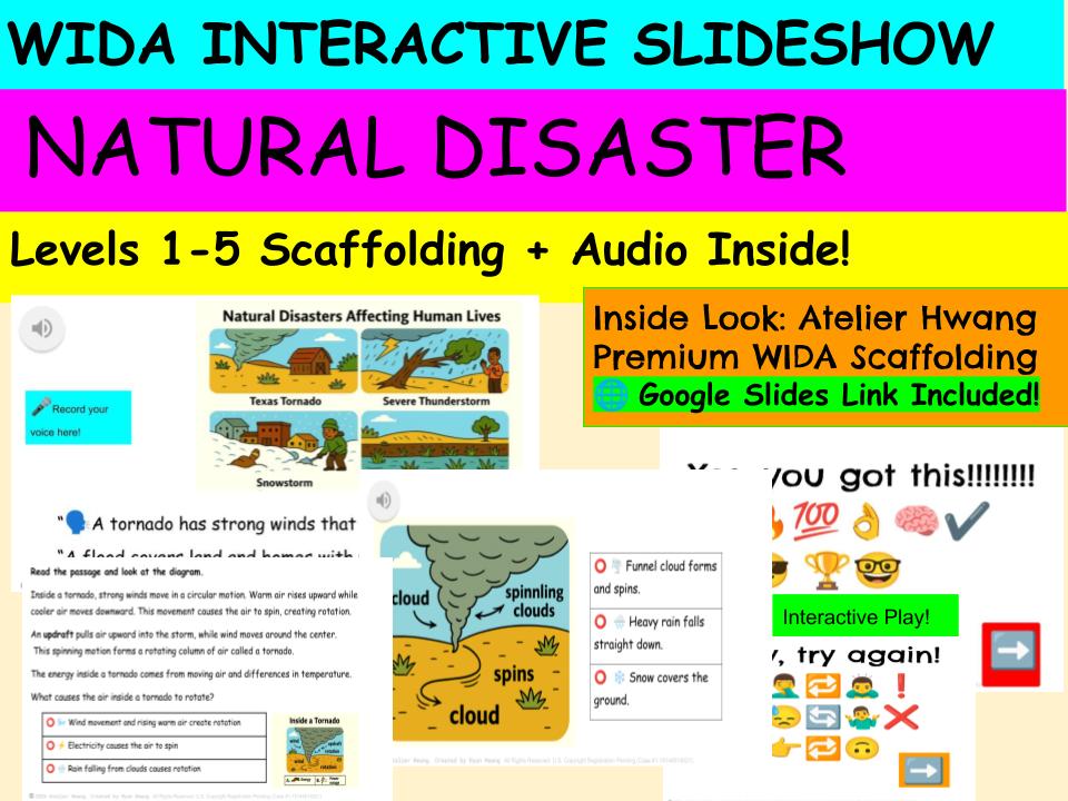 WIDA Grades 4-5 Unit: Natural Disasters (Self-Checking Google Slides Game)