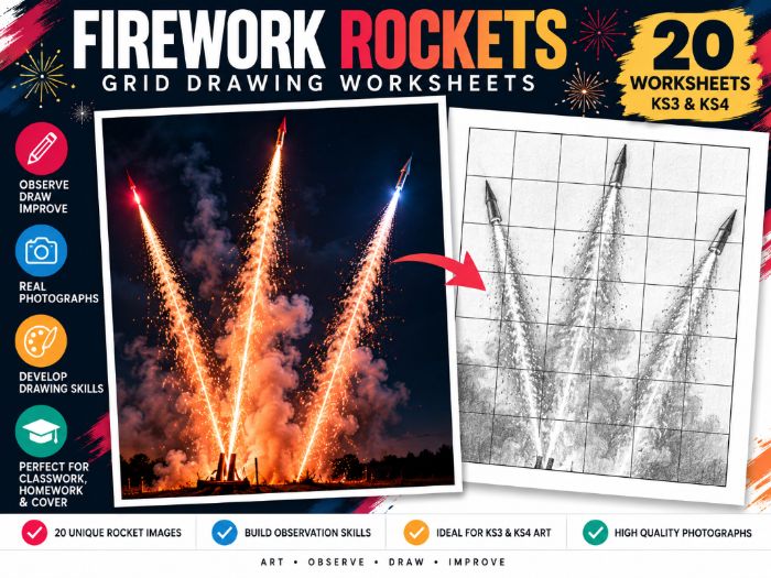 Firework Rockets Grid Drawing Worksheets – 20 Bonfire Night Art Activities | KS3 & KS4