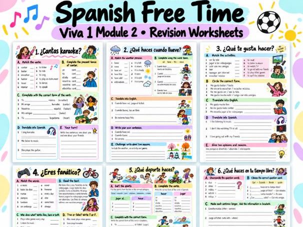 Spanish Free Time Revision Worksheets | Viva 1 Module 2 | KS3