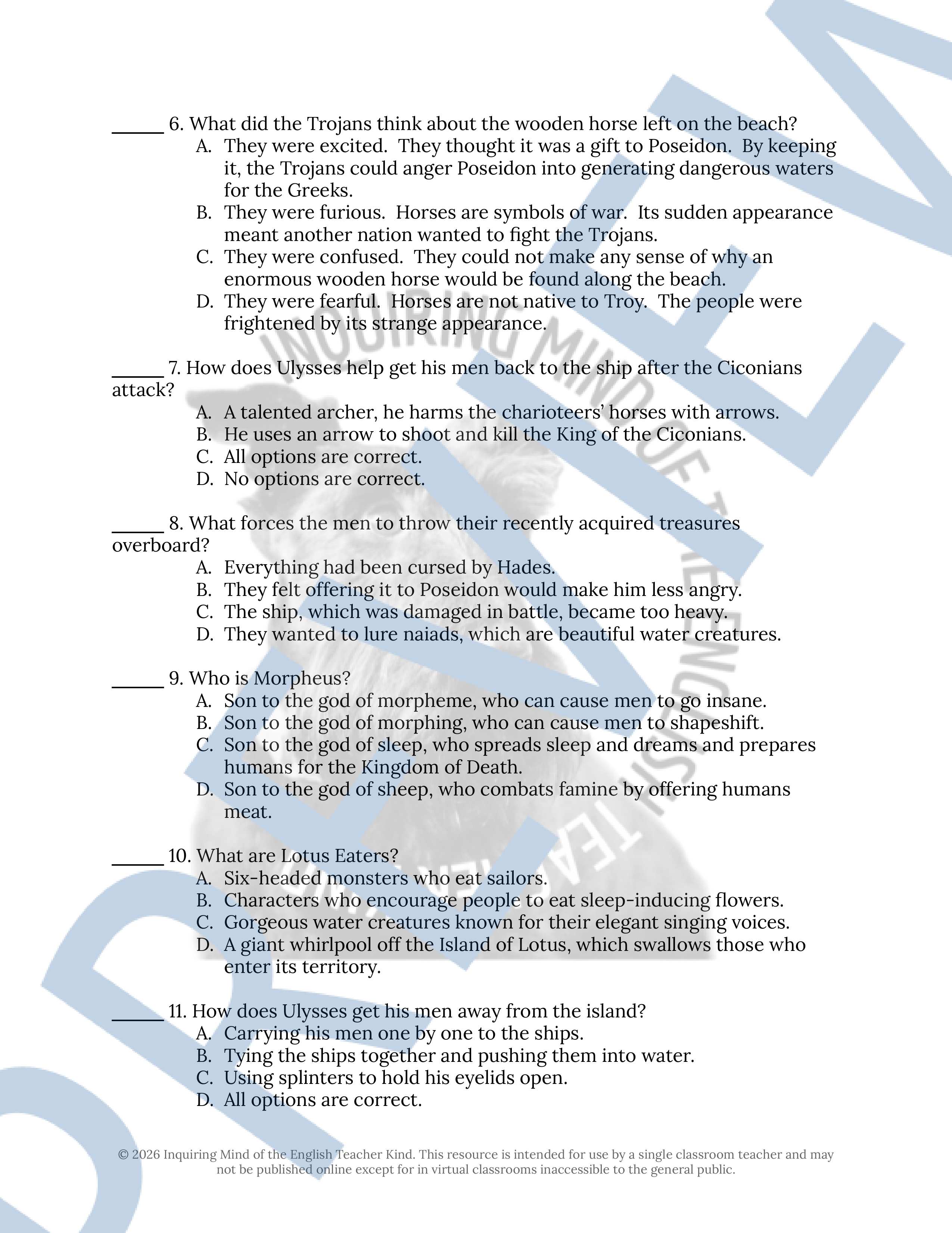 Adventures of Ulysses by Bernard Evslin Chapters 1, 2, and 3 Quiz and ...