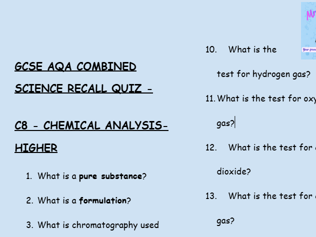 GCSE Chemistry C8 Chemical Analysis – 30 Higher Retrieval Questions | AQA | + Answer