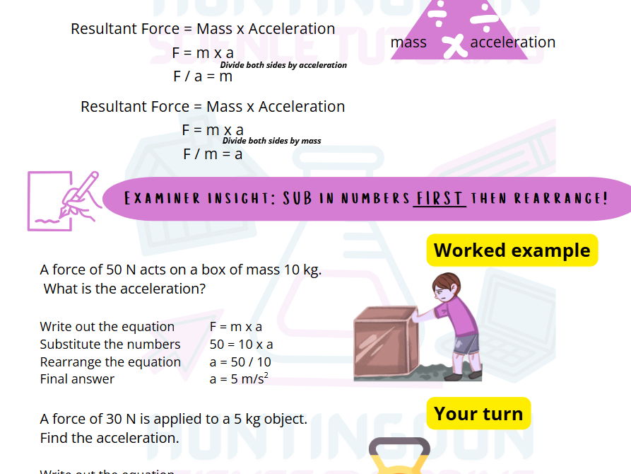 F=ma Calculation Physics GCSE Worksheet + Answers & MS (Newton's Second Law)