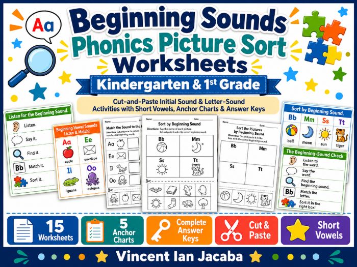 Beginning Sounds Phonics Picture Sort Worksheets | Kindergarten & Year 1