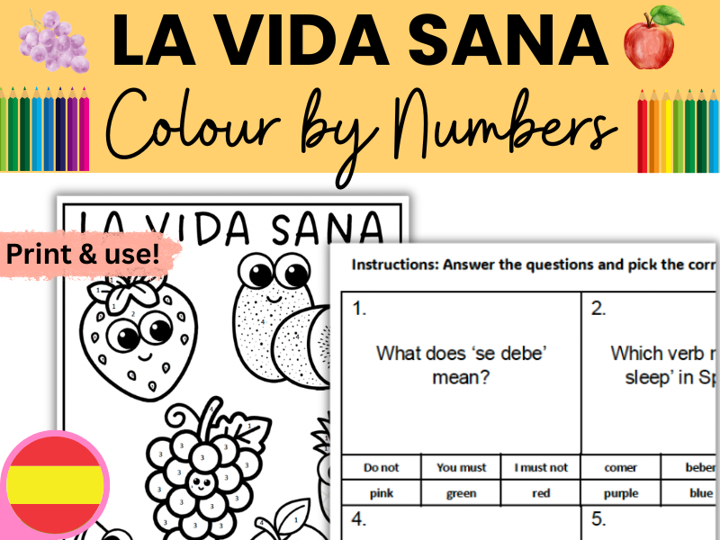 Spanish La Vida Sana / Healthy Living / Se debe - Colour by Numbers Activity