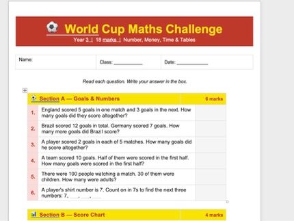 Year 3 World Cup Maths Worksheet with Answers