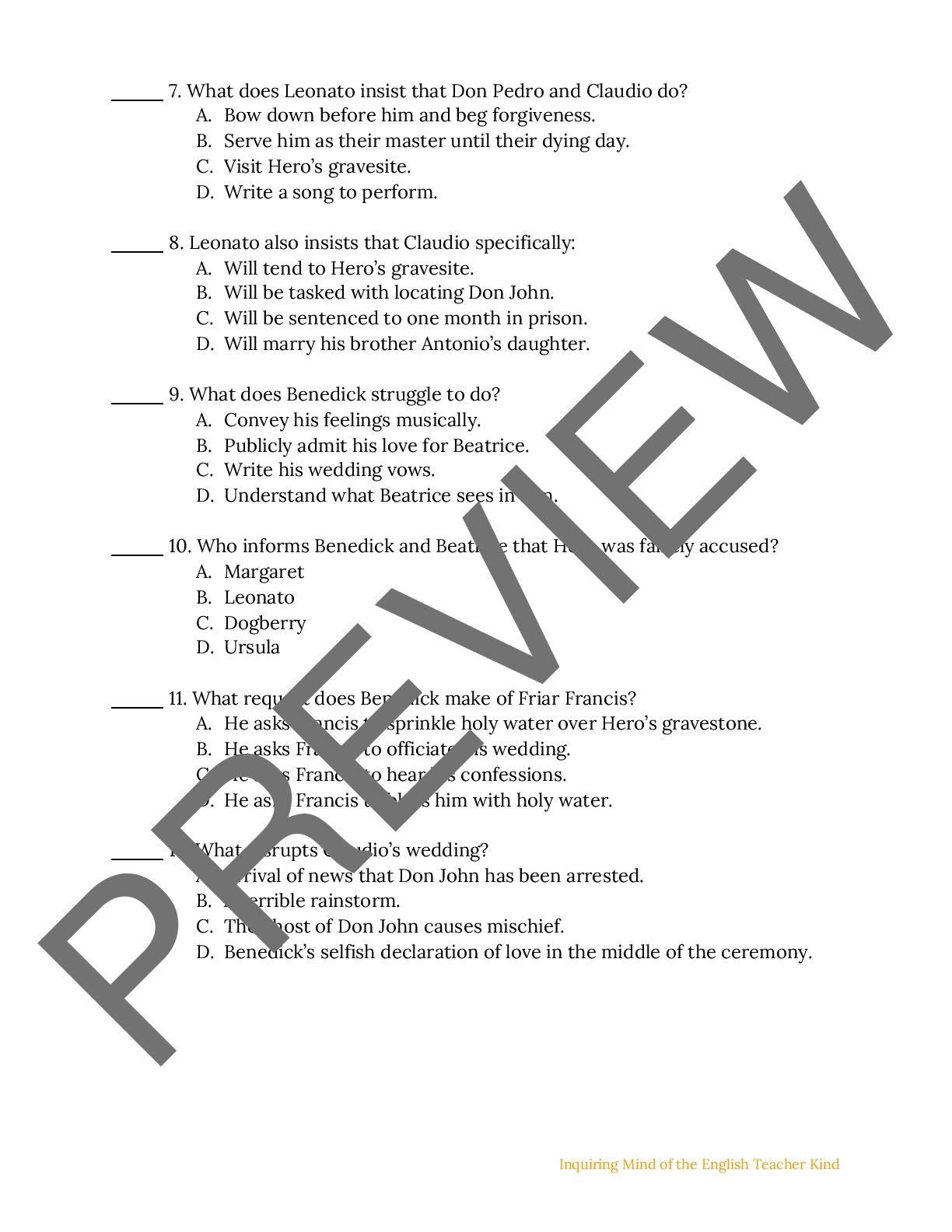 Shakespeare s Much Ado About Nothing Act 5 Quiz Key Teaching Resources