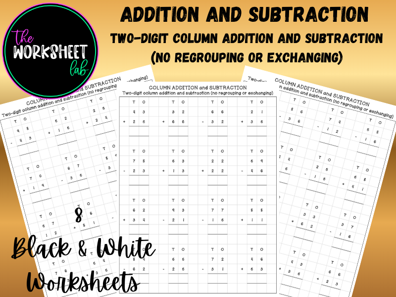Two-Digit Column Addition/Subtraction on Squared Paper (No Regrouping or Exchanging) Worksheets