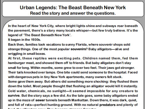 Reading Comprehension The Beast Beneath New York