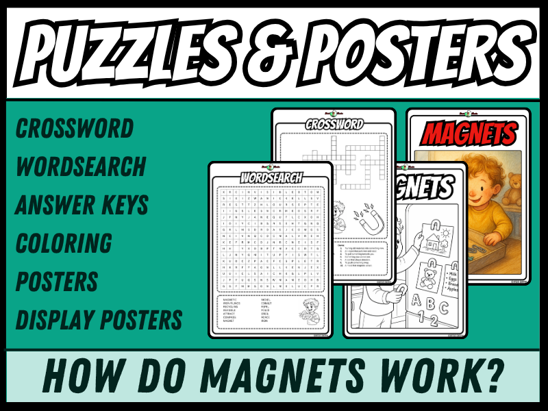 Magnets | Crossword, Wordsearch, Colouring & Display Posters | Year 3 and 4