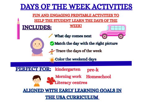 Days of the week activities! Kindergarten worksheets! USA curriculum! Tracing and matching