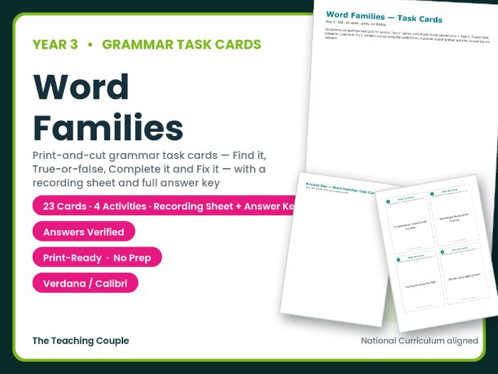 Year 3 Word Families Task Cards – 23 Grammar Cards + Answer Key