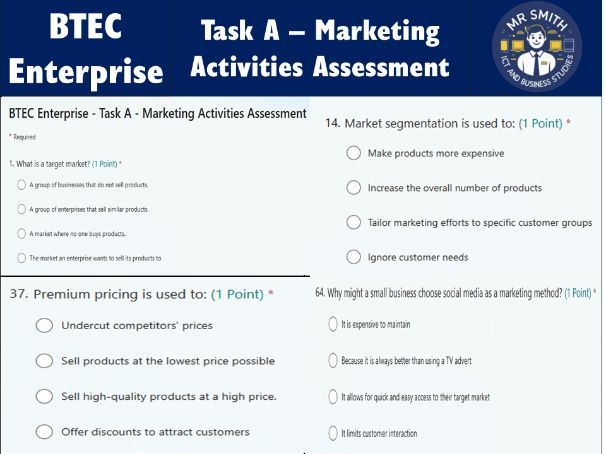 BTEC Enterprise - Task A - Marketing Activities Assessment - Microsoft Forms Quiz