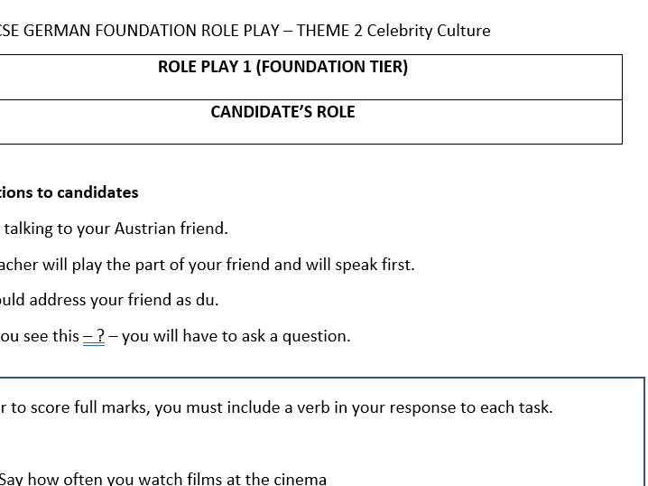 AQA German GCSE Role Play 2026 Celebrity Culture