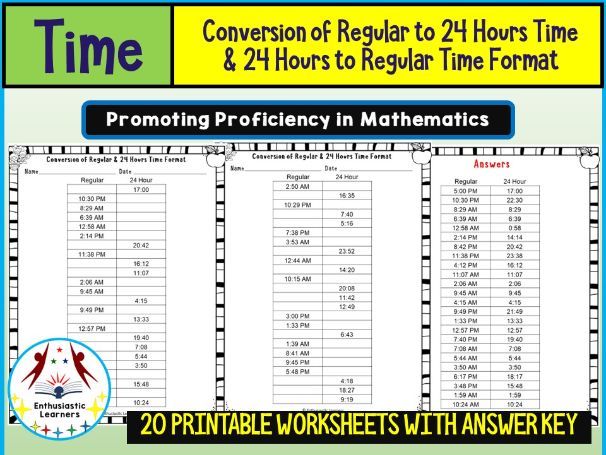 Conversion of 12-Hour to 24-Hour Time & 24-Hour to 12-Hour Time Worksheets Math