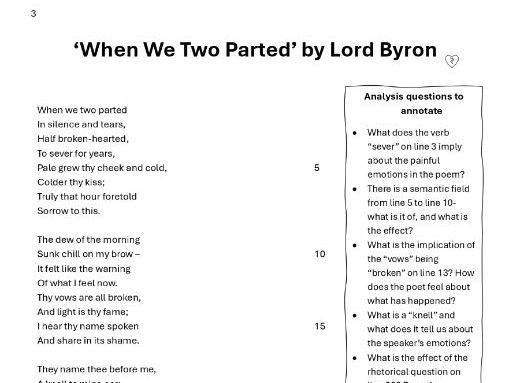 'When We Two Parted' revision worksheet