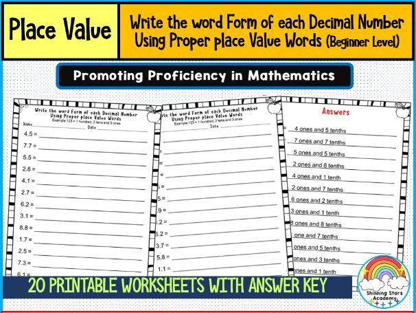 Write the Word Form of Each Decimal Number Using Proper Place Value Words (Beginner Level) Worksheet
