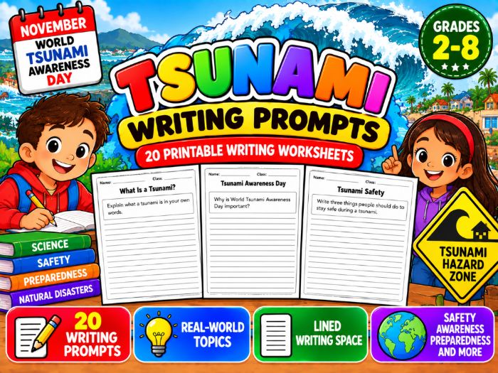 Tsunami Awareness Writing Prompts | 20 Printable Worksheets